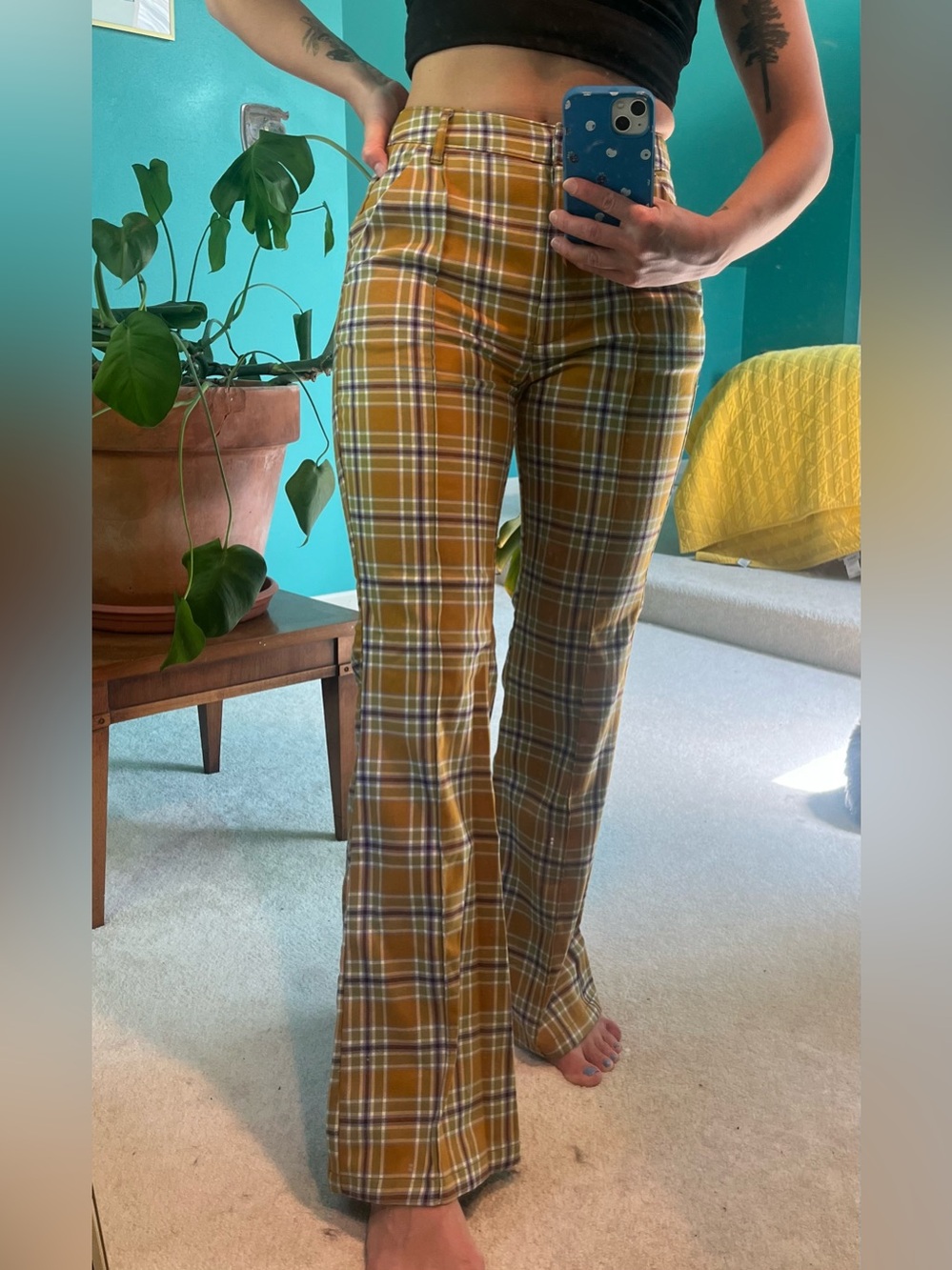 70s Mustard Plaid Flare Pants